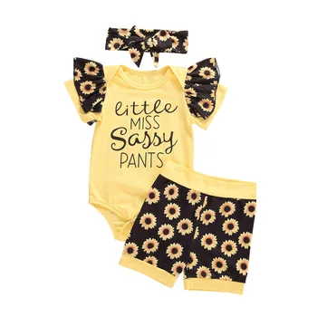 

Newborn Infant Short Sleeve Letter Print Bodysuit Sunflower Print Shorts Headwear Set Baby Girls Breathable Jumpsuit