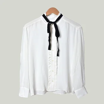 

19 Bow Strap Lotus Leaf Edge Collar Flowers And Trees Ear Silk Shirt Top 93187