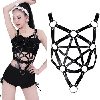 

Pentagram Leather Body Harness Cage Bra Sexy Lingerie Fetish for Women Harajuku Punk Gothic Bondage Crop Tops Cosplay Rave Wear