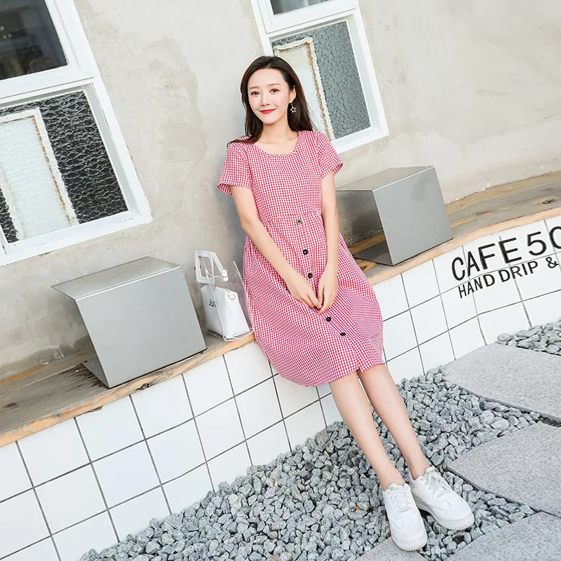 

Maternity Clothes Summer New Style Korean-style Pregnant Women Dress Loose-Fit Plaid Cotton Mid-length Maternity Dress