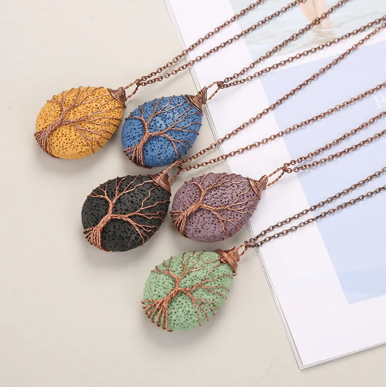 

SEDmart Natural Stone Water Drop Tree Life Aromatherapy Pendent Necklace for Women Men Vintage Cooper Wire Wrap Hanging Jewelry