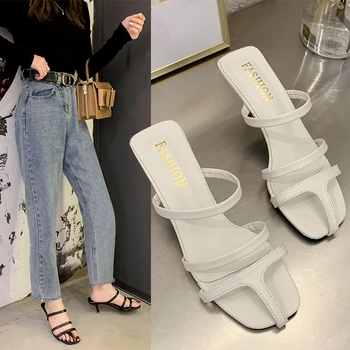 

2020 Summer Luxury Women Yellow High Heels Mules Square Toe Slippers Ladies Narrow Band White Black Sandals Designer Party Shoes
