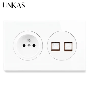 

UNKAS French Wall Socket + RJ45 Internet Computer Connector And RJ11 Telephone 146MM*86MM Glass And Black Aluminum Panel Outlet