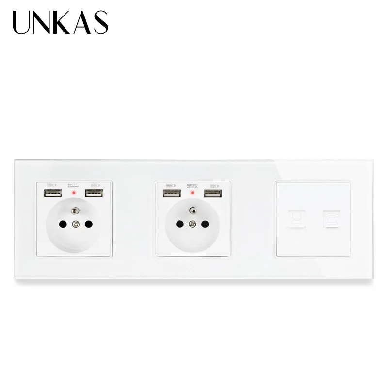 Двойная французская стандартная розетка UNKAS со стеклянной панелью и 4 USB портами
