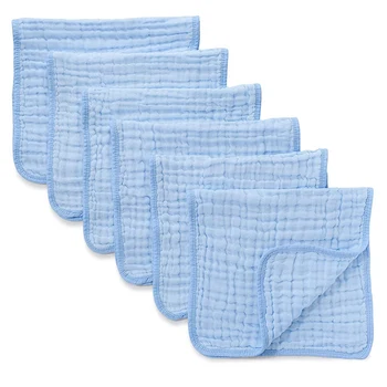 

6 Pack Muslin Burp Cloths Small Towel Infant Washed Cotton Hand Washcloths 6 Layers Extra Absorbent& Soft (Blue)