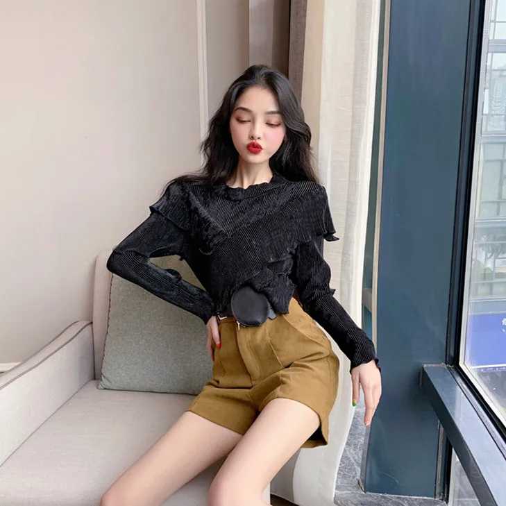 Осенний стиль, новинка, модные брендовые женские футболки из плюша, camiseta feminina, Женские топы с круглым вырезом, тонкие футболки с оборками, camisa feminina