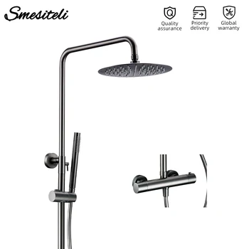 

Smesiteli Brass Gunmetal Thermostat Mixer Diverter Wall Mounted With Rain Head Handshower Thermostatic Shower Bathroom Faucet