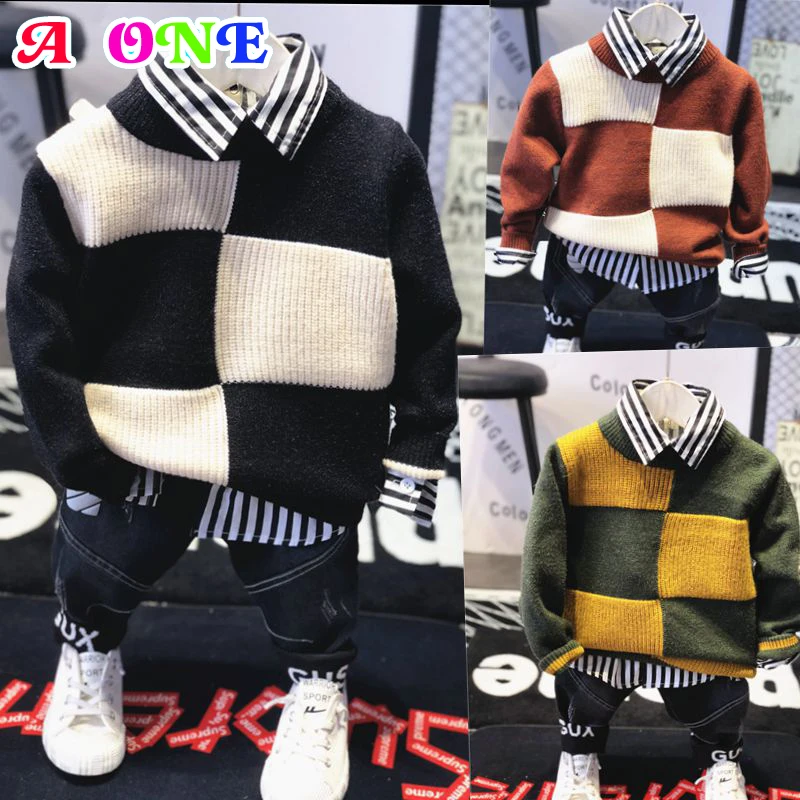 

boys sweater 2019 winter new casual plaid O-neck cotton kids sweater baby sweater 90-130cm z103