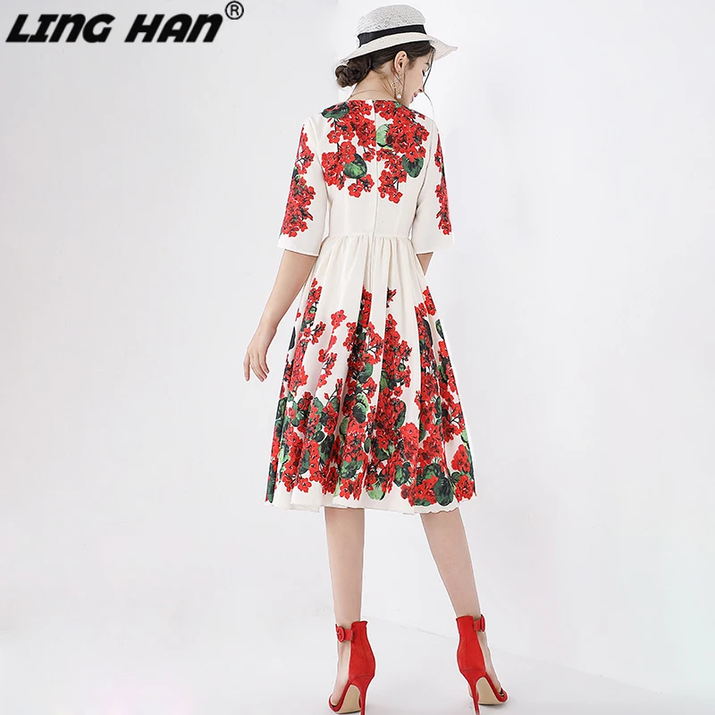 LING HAN модное осеннее платье с цветочным принтом для подиума женская элегантная аппликация с коротким рукавом с высокой талией платья для вечеринок Vestidos новинка