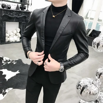 

Black Slim Fit Blazer Hombre PU Leather Jacket 2019 Men One Button Business Casual Prom Blazers for Men Korean Suit Coat M-3XL