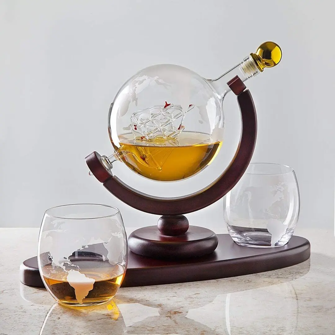 conjunto de decanter globo criativo com carafe sem chumbo requintado suporte de madeira copos de uísque uísque decanter globo grau presente