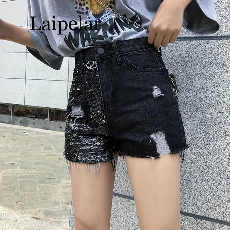 New Blue Denim Shorts Women 2020 Streetwear Ripped Holes Punk Sequin Summer High Waist Cotton Denim Shorts