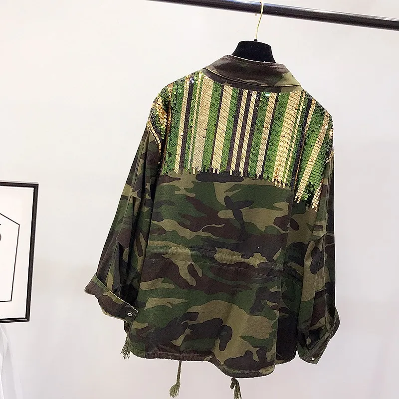 Promo  Boho Camouflage Jacket Women Sequins Shinny Lace Up Denim Coat Bomber Long Sleeve Coats