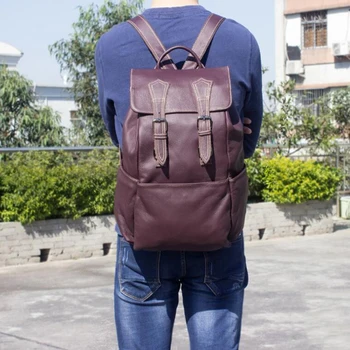 

Full Grain Leather Men Travel Backpack Retro Laptop Backpack Leather Bucket Backpack
