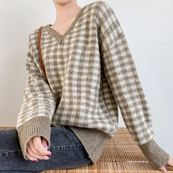 

V-neck Plaid Women's Sweater Autumn Winter Long Sleeve Jumper Korean New 2019 Knitted Loose Fashion Pullover Femme