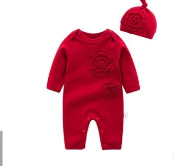 

2PCS Baby Big Flower Knitted Jumpsuit Clothes Autumn Winter Knitted Romper + Hat Newborn Baby Toddler Princess Romper