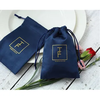 

50 Flannel Navy Blue Jewelry Packaging Custom Personalized Logo Velvet Drawstring Gift Bag for Wedding Party Decoration Pouches