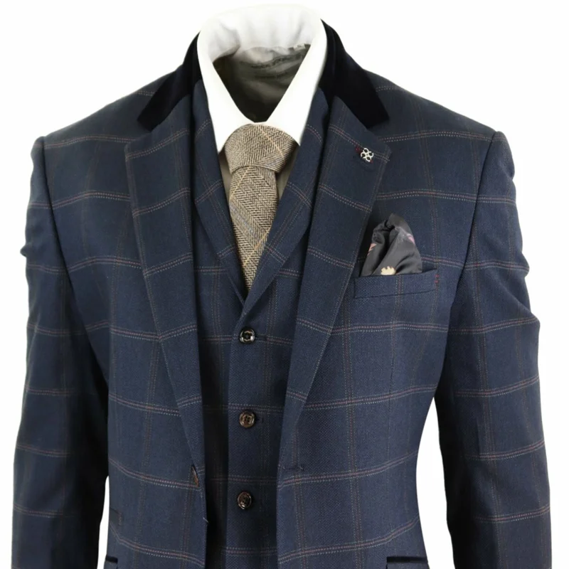Navy Blue Mens Suits Herringbone Tweed Check 3 Piece Vintage Suit Peaky Blinders Tan Terno Masculino | Мужская одежда
