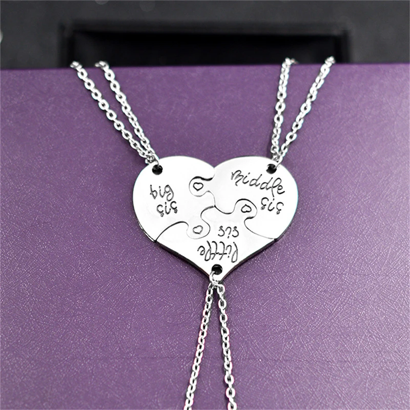 Necklace Set For Sister Interlocking Jigsaw Puzzle Heart Necklace Friendship BFF Necklaces Best Friends Big Middle Little Sis