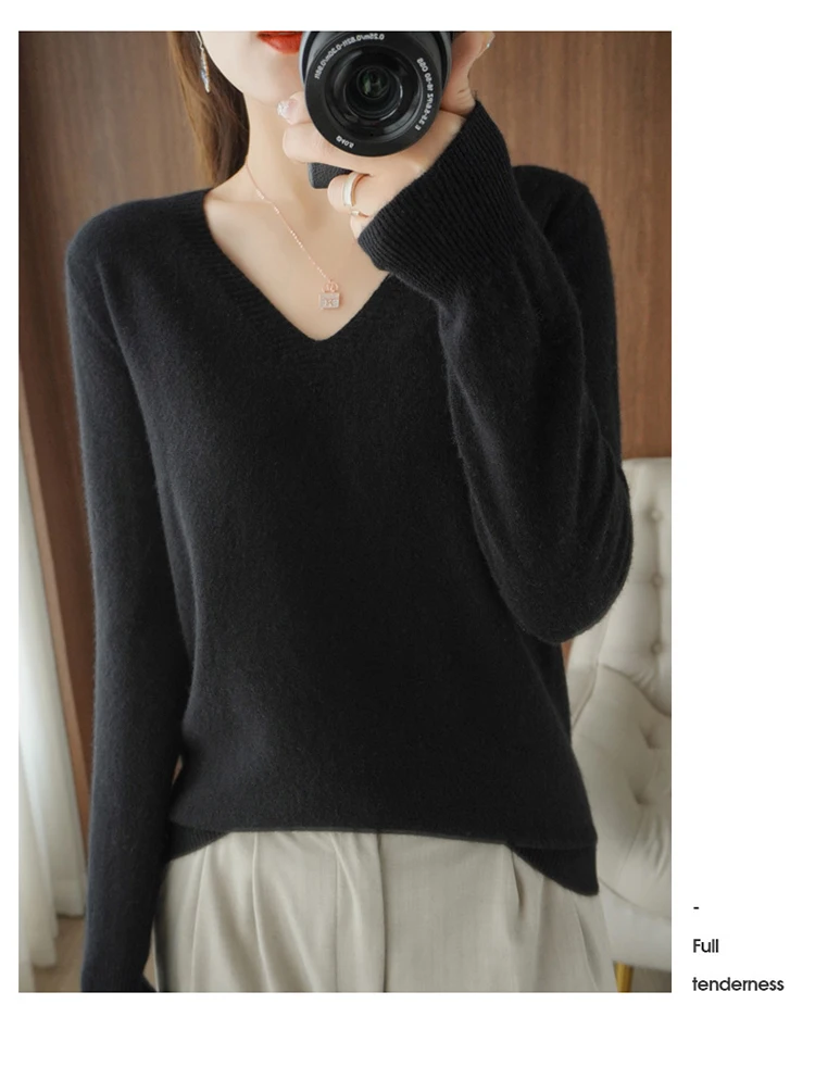 Autumn Winter New Cashmere Sweater Women Keep Warm V-neck Pullovers Knitting Sweater Fashion Korean Long Sleeve Loose Tops