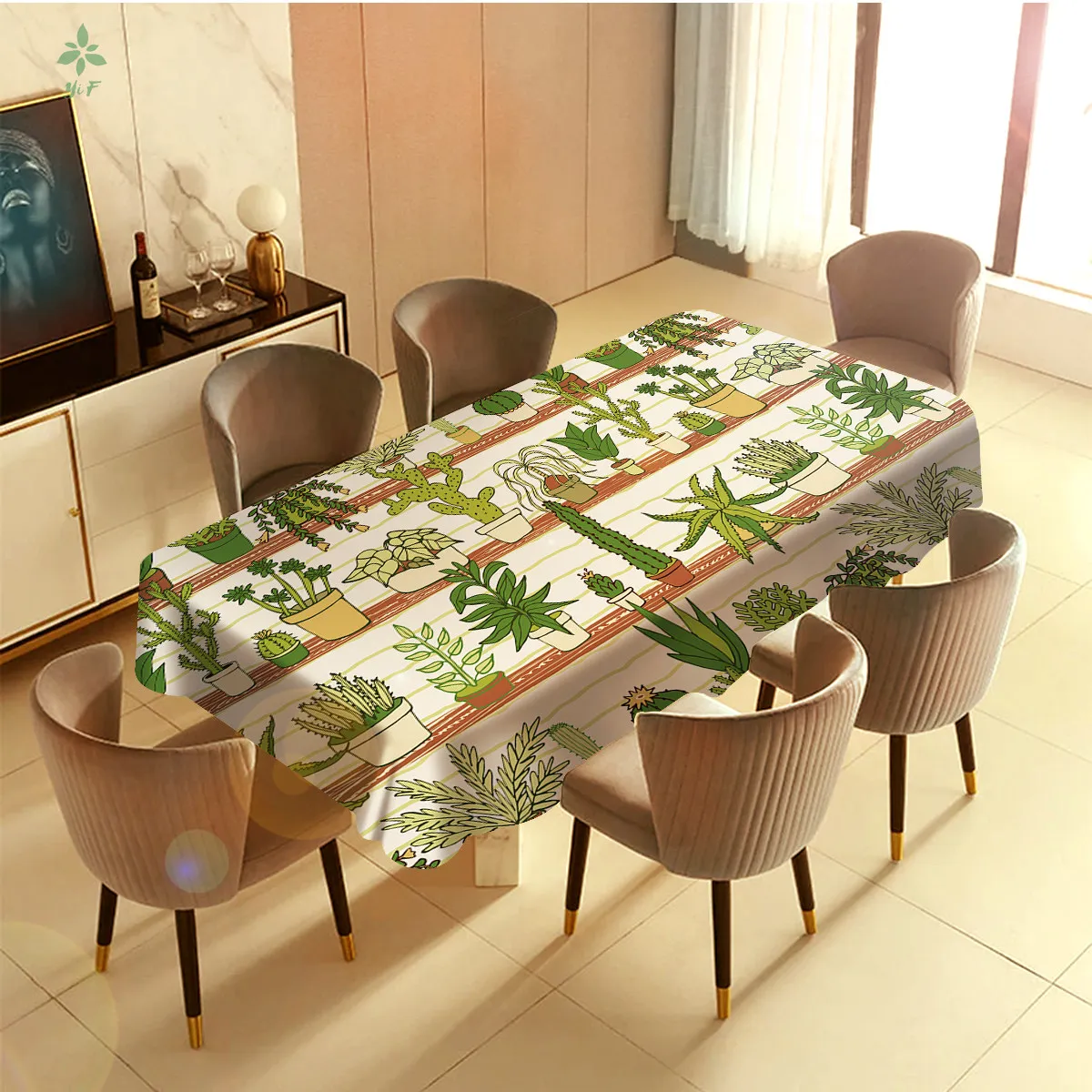 

Cartoon Tropical Botany Green Cactus, Waterproof And Grease-proof Tablecloth, Can Be Used To Decorate The Table Or Picnic