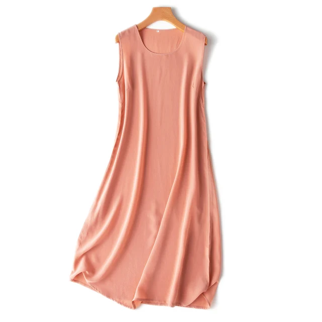 SuyaDream Woman Mini Dress 100%Silk Crepe Solid A line Sleeveless O neck Tank Dresses 2021 Spring Summer Chic Dress Orange Pink