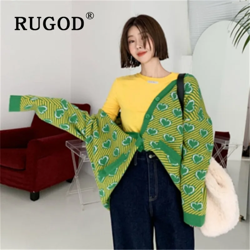 RUGOD Autumn Winter New Style Chic Love Pattern Plus Size Women V-neck Stripe Cardigan Fashion Kpop Clothes