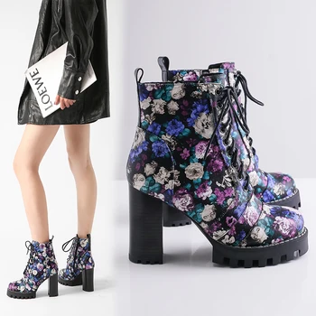 

INS HOT Women ankle Boots Special materials campus style women shoes Europe and America online celebrity Printed flowers