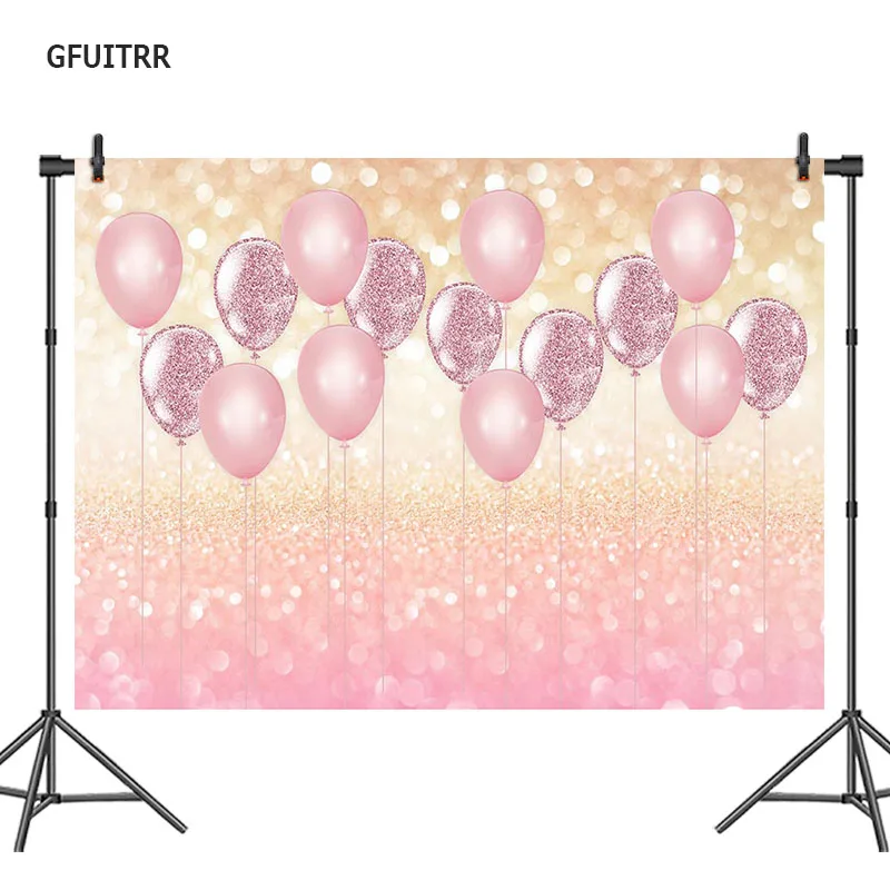 

GFUITRR Pink and Gold Glitter Photography Backdrop Birthday Party Balloons Photo Background Vinyl Photo Booth Props