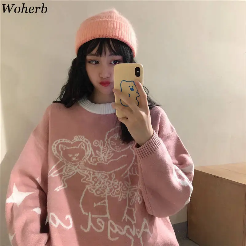 Женский вязаный пуловер Woherb повседневный джемпер в японском стиле Харадзюку