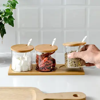 

3PCS/Set Bamboo Seasoning Jar Japanese Style Seasoning Jar Glass Kitchen Household Transparent Spoon Bamboo Seasoning Box Set