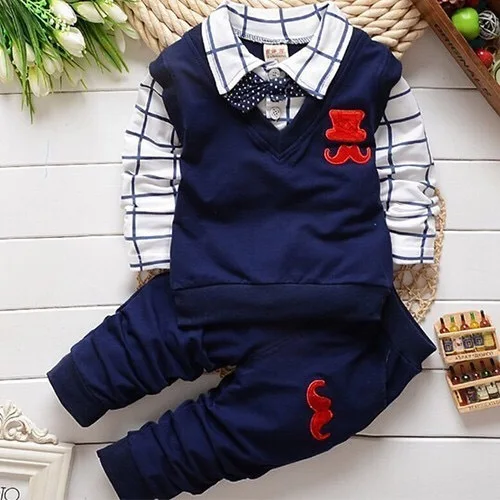 

2019 New Style Korean-style BOY'S Spring And Autumn Set Heart-Shaped Long-sleeved Shirt Plaid Collar Two-Piece Set Fashion