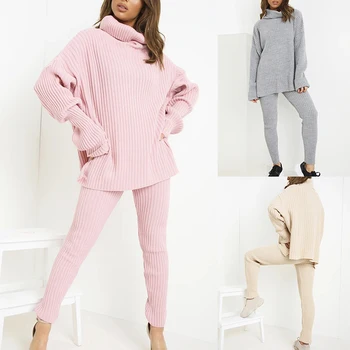 

Knitted Women Sweater Sets Long Sleeve Turtleneck Sweaters Tops And Long Pants Set Autumn Solid 2 Pieces Outfits Winter Pijamas