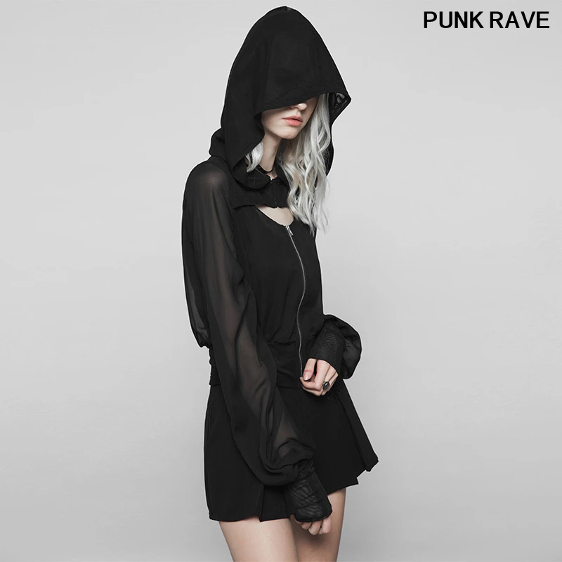 

Fashion Elastic Mesh Loose V Collar Sexy perspective Jacket Classic Dark chiffon Women Short Coat With Cap PUNK RAVE OPY-320XDF