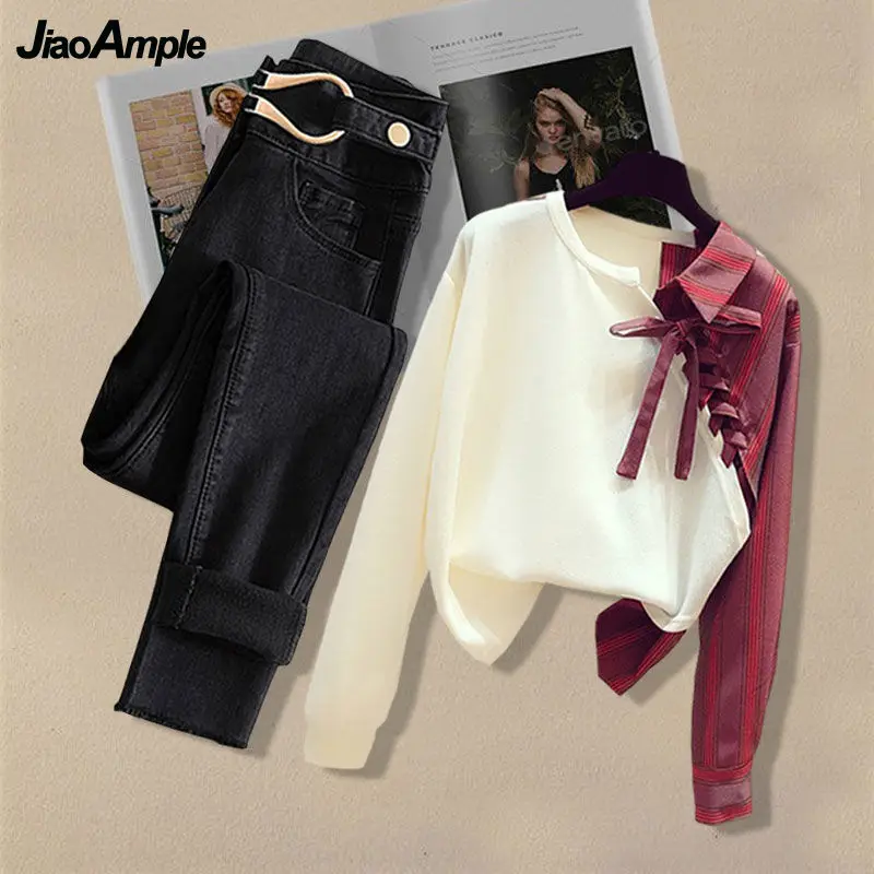 Women Trendy Shirt Pants Two-piece Autumn New Bow-knot Blouse Jeans Suit Korean Fashion Elegant Casual Top Denim Trousers Set winter warm jeans women korean loose thick plus velvet high waist wide leg jeans pant y2k casual straight fleece denim trousers