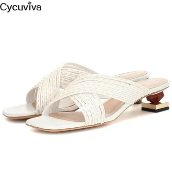 

Criss Cross Leather Mules Strange Heels Slippers Woman Square Toe Brand Ladies Shoes Fashion Summer Dress Party Shoes Sandalias
