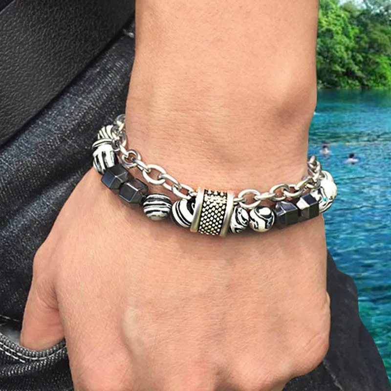 

New 2021 European and American Men's Stainless Steel Malachite Bracelet Beaded Hip Hop New Fashion Bracelet