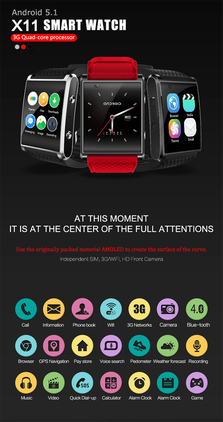 Горячая Распродажа Android 5,1 OS Smartwatch X11 Смарт часы 512MB+ 4GB MTK6580 шагомер 5.0MP HD камера 3g wifi gps SOS спортивные наручные часы