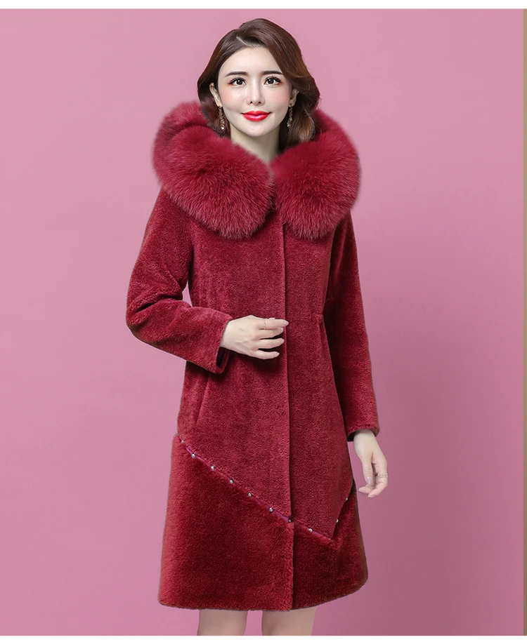 HANZANGL Sheep sheared coat Winter Wool Coat Women's Fox Fur Collar Hooded Warm Cashmere Jacket Long Fur Overcoat L-4XL