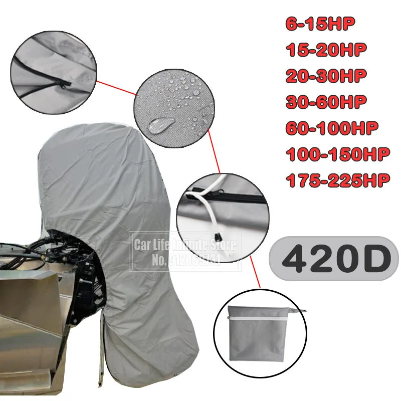 420D 6-225HP Yacht Full Outboard Motor Engine Boat Cover Black Anti UV Dustproof Marine Engine Protection Waterproof 