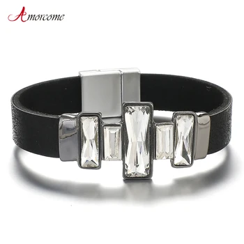 

Amorcome Leather Bracelets For Women 2019 Bohemian Boho Crystal Metal Charm Wide Wrap Bracelet Female Jewelry