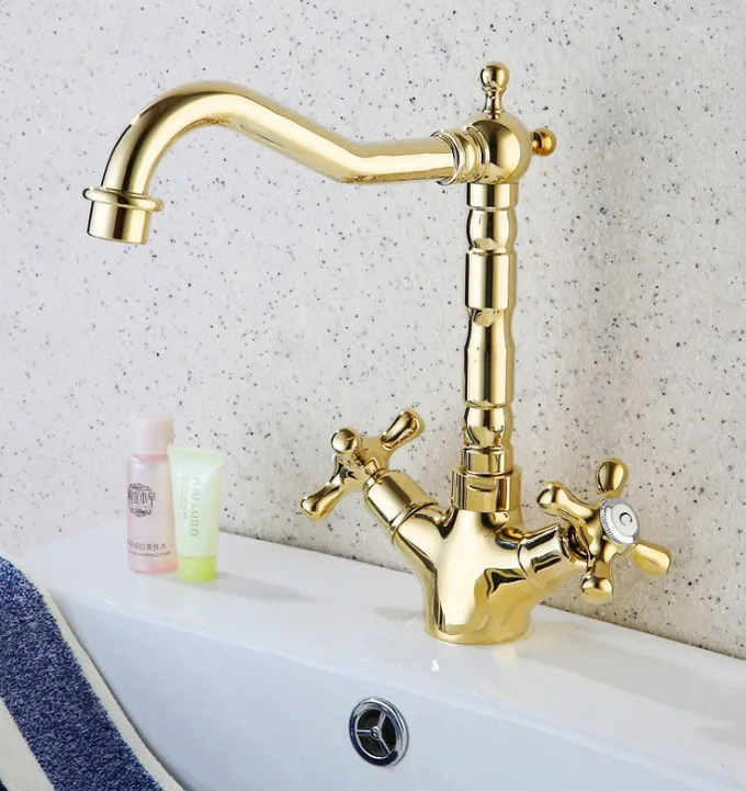 

Kitchen Wet Bar Bathroom Vessel Sink Faucet Polished Gold Color Brass Dual Handles Swivel Spout Mixer Tap Single Hole msf096