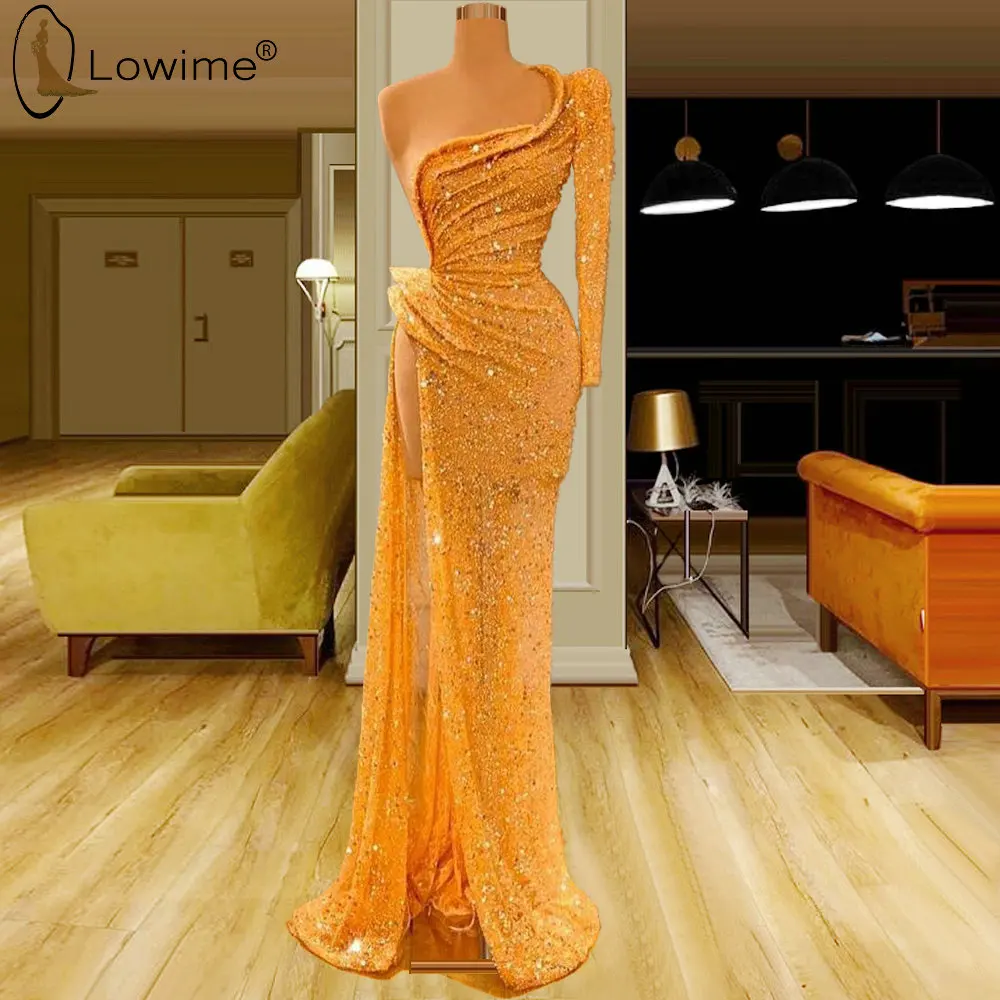 

Sexy High Split One Shoulder Long Sleeve Sequined Mermaid Evening Dresses Robe De Soiree Prom Party Gowns