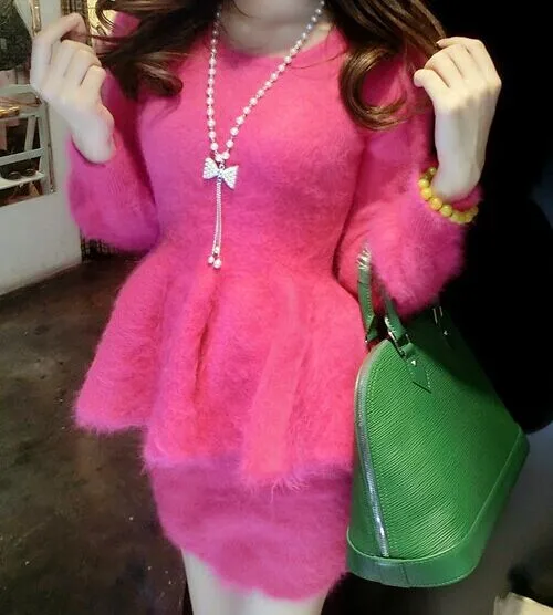 New girl's mink cashmere pullover coat women sweater two-piece dress Lotus leaf skirt suit