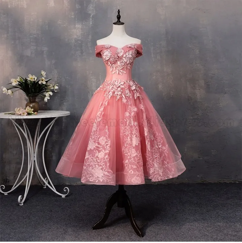 Robe De Soiree Pink Beauty Tea-Length Bridesmaid Dresses Flowers Off The Shoulder Even Dress For Party Wedding