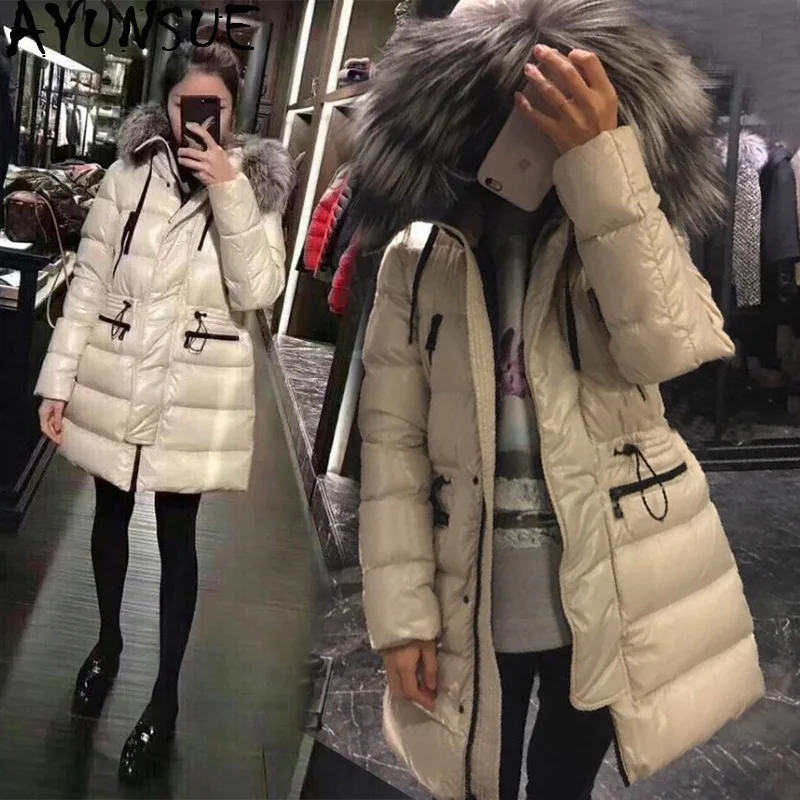 

AYUNSUE 2020 Winter White Duck Down Jacket Women Hooded Big Fur Collar Long Puffer Down Coat Korean Warm Piumino Donna KJ3703