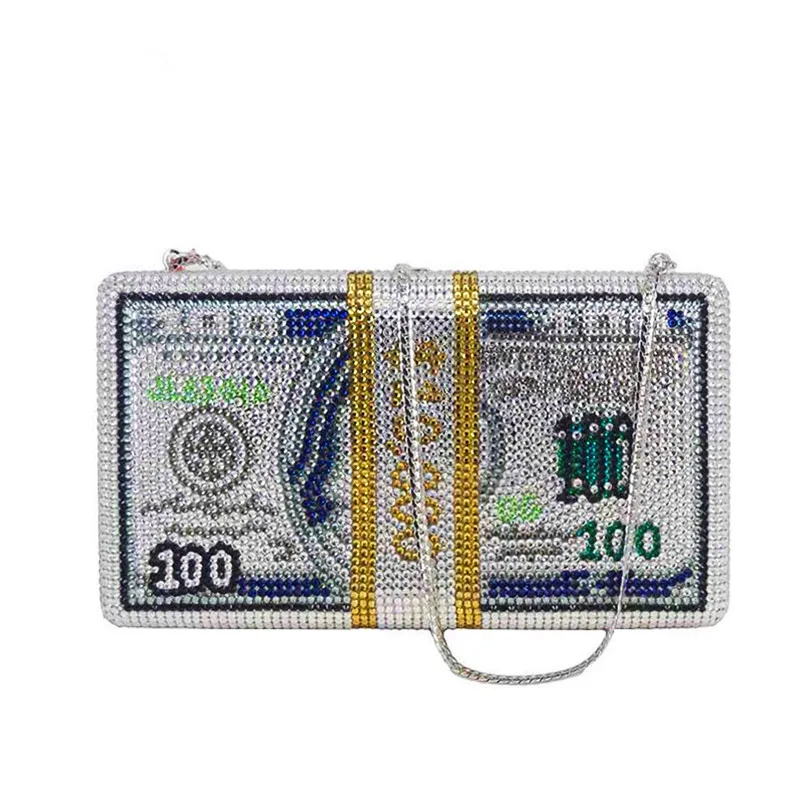 

Chaliwini Hot-Fixed Crystals Women Money Evening Clutch Bags Dollars Diamond Wedding Dinner Purses and Handbags (wait 30 days)