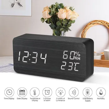 

Wooden LED Digital Sound Control Alarm Clock Dimmer Indoor Hygrometer Thermometer Clock with 3 Alarms Weekday Alarm
