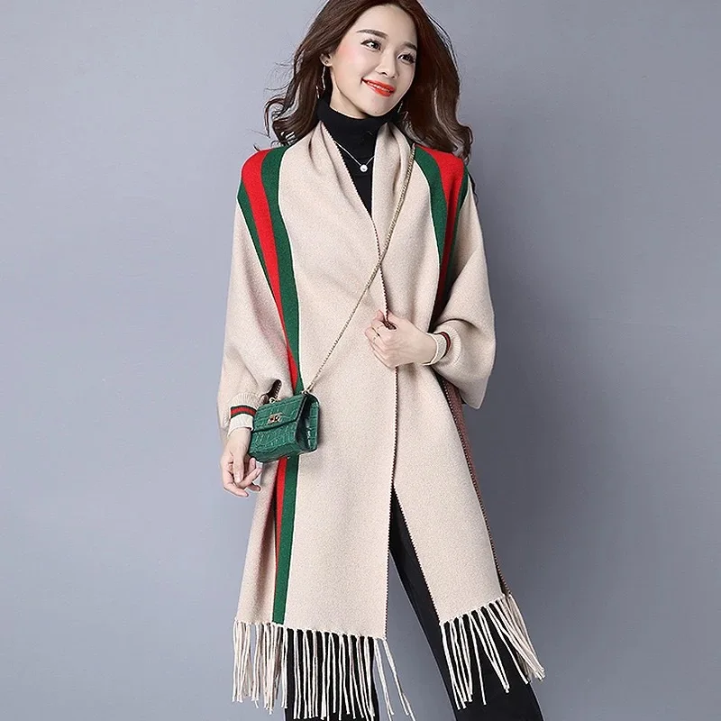 2019 Winter Cashmere Tassel Wraps Classic Striped Knitted Sweater Women Batwing Sleeve Streetwear Cardigans Shawl Cloak Sweaters 2019 Winter Cashmere Tassel Wraps Classic Striped Knitted Sweater Women Batwing Sleeve Streetwear Cardigans Shawl Cloak Sweaters