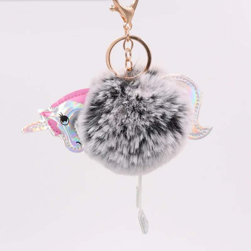 

Explosion unicorn keychain imitation rabbit hair ball pendant PU leather cartoon plush bag key ring Pompon Women Bag Jewelry